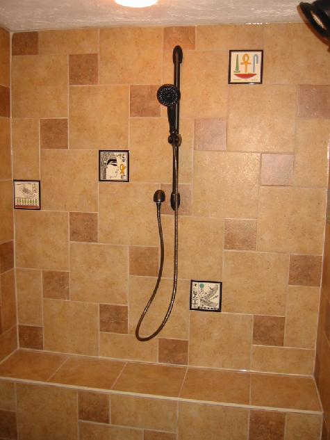 Egyptian tiles made by Besheer Art Tile for shower installation. Field tiles by Daltile or American Olean